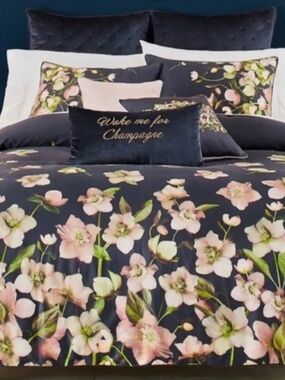 Ted Baker London Arboretum Navy Duvet Cover with 2 Shams Pink Floral Print